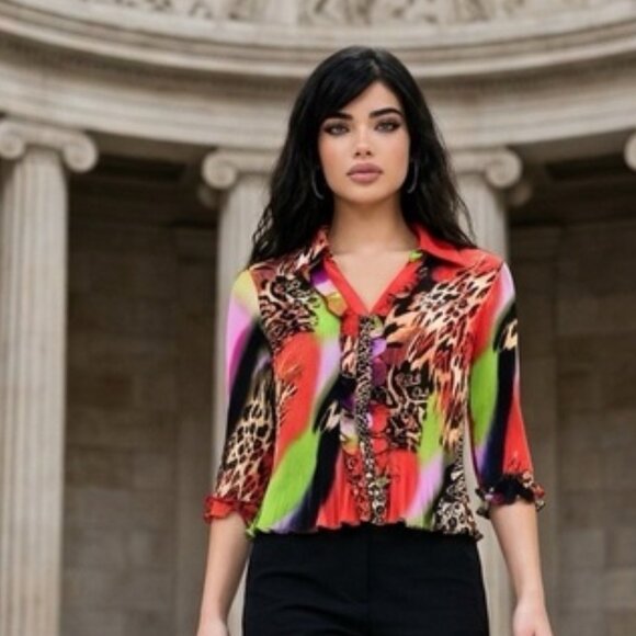 Sioni Tops - Sioni long-sleeved, ruffled front vibrant, multi-colored leopard blouse top M